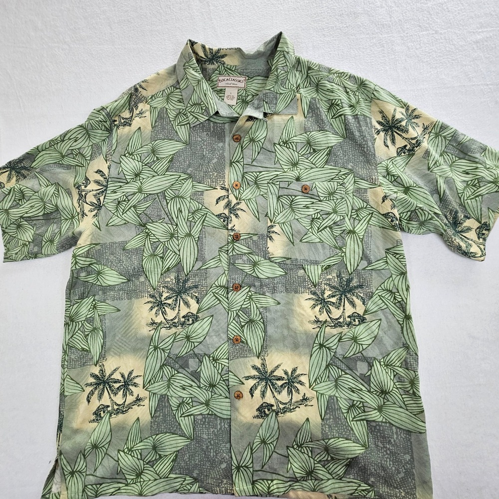 Boca Classics Mens Silk Tropical Palm Tree Camp‎ Shirt Green VVBL2108 L